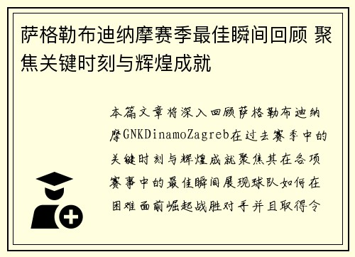 萨格勒布迪纳摩赛季最佳瞬间回顾 聚焦关键时刻与辉煌成就